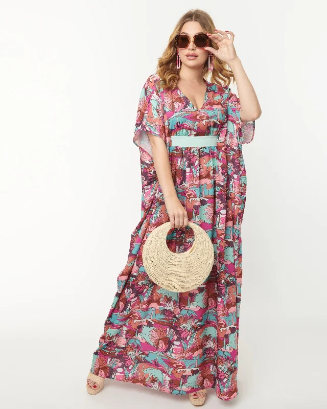 Unique Vintage Pink & Blue Elephant Oasis Burton Caftan Dress | Pink, Blue