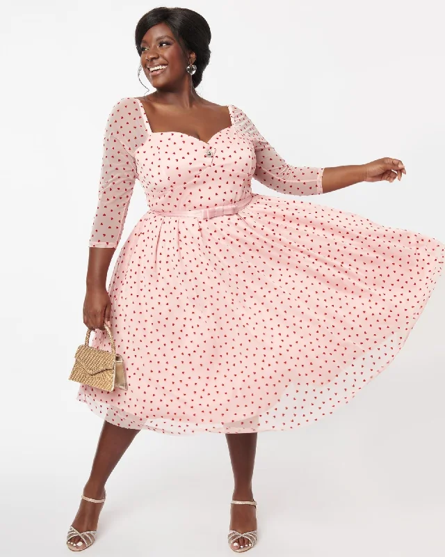 Unique Vintage Pink & Red Hearts Lamar Swing Dress | Pink, Polka Dot