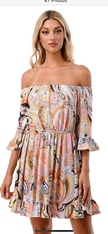 VAVA ANNA OFF SHOULDER DRESS IN PASTEL PAISLEY