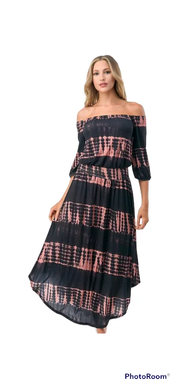 VAVA FRANCES OFF SHOULDER DRESS IN BLACK RUST TYE DYE