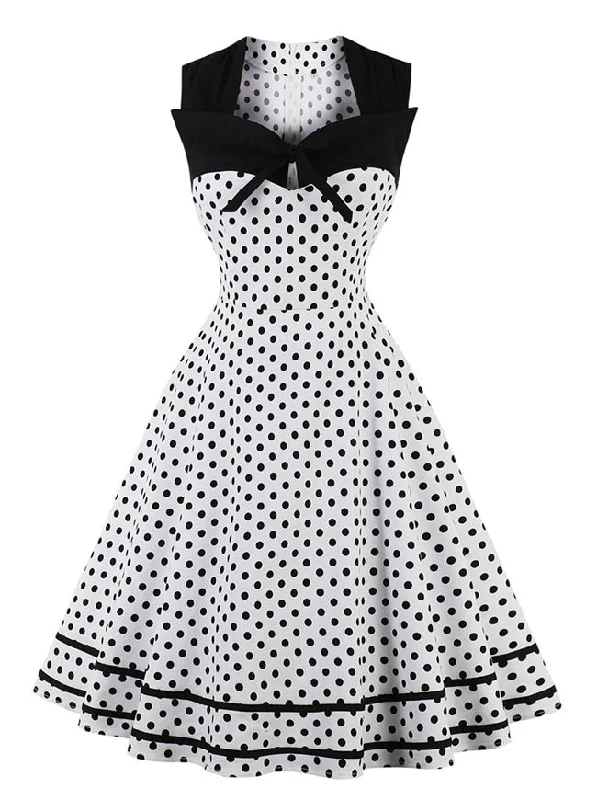 Vintage Sleeveless Square Neckline Polka Dot White Dress