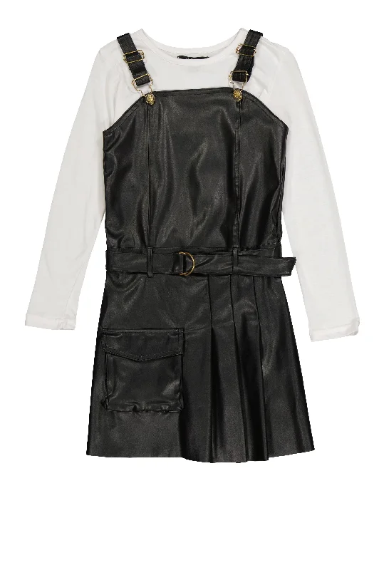 Girls Faux Leather Pleated Overall Dress with Top