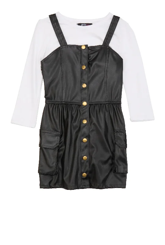 Little Girls Faux Leather Button Front Dress with Tee