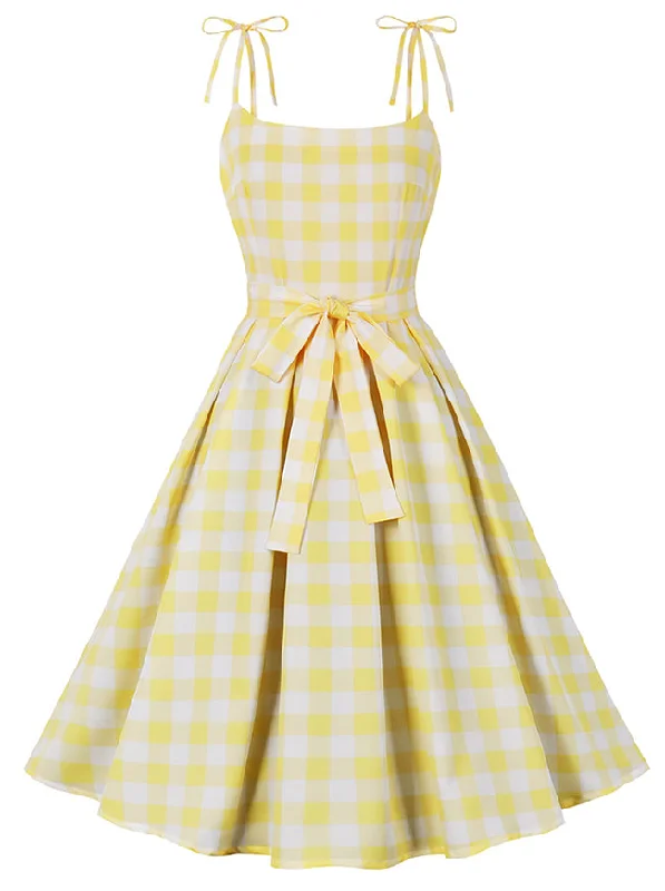 Women 1950s Vintage Rockabilly Spaghetti Strap Bowknot High Waist A Line Plaid Dress Yellow