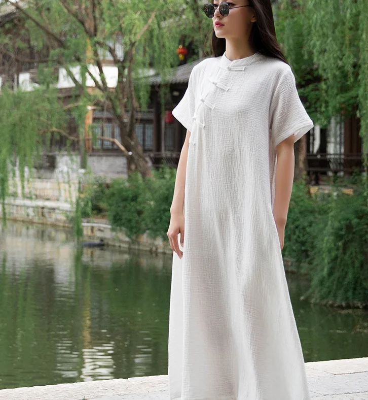 Women Dresses Casual Linen Cotton Women Dresses Loose Style Chinese Buttons BXF97215