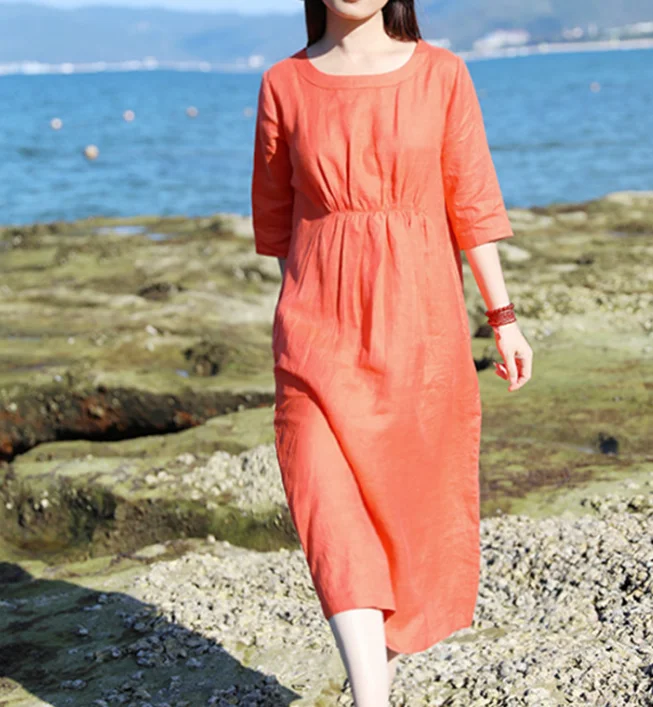 Orange Women Dresses Casual Summer Linen Women Dresses SJ97215