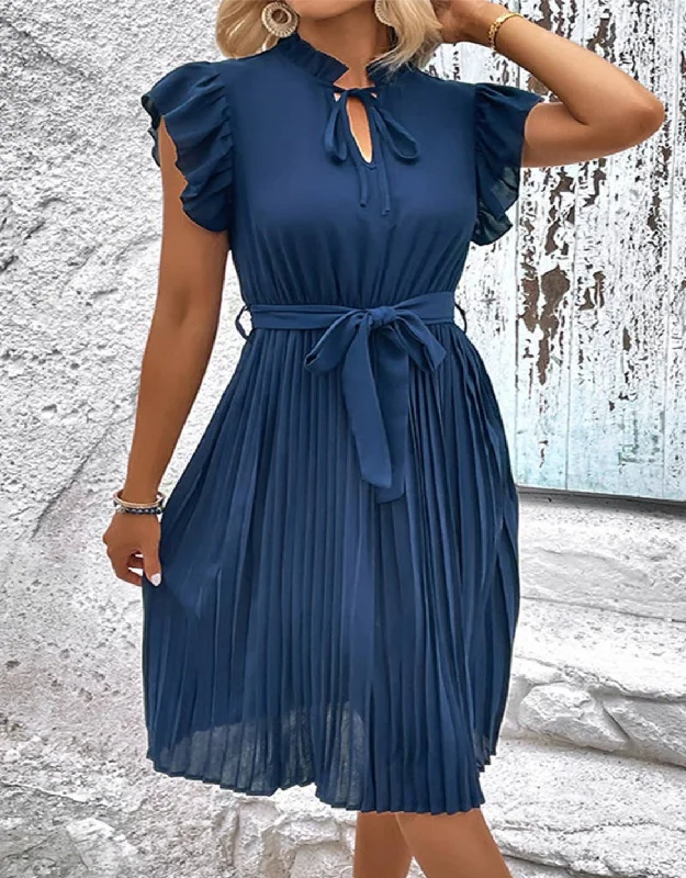 WOMEN RUFFLED HIGH NECK PLEATED KNEE LENGTH  Dress