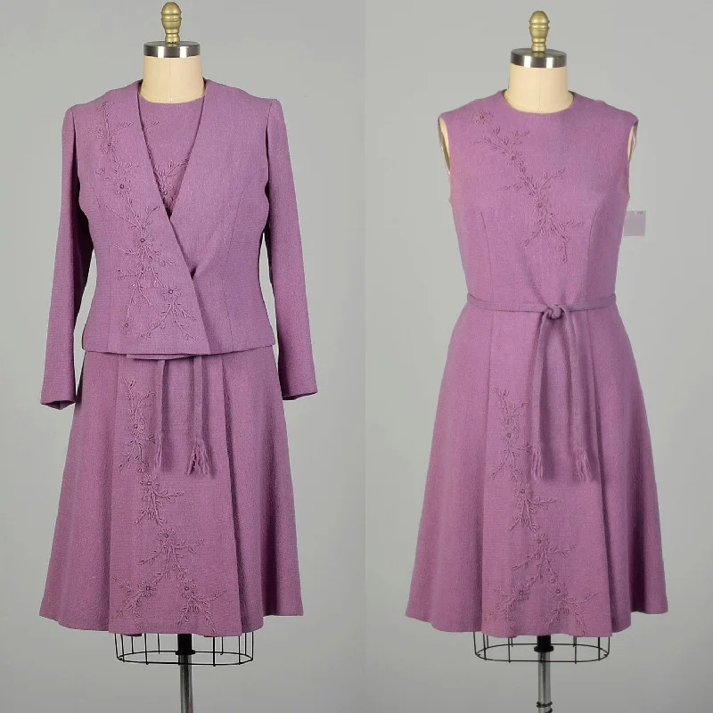 XL 1960s Set Purple Tweed Autumn Jacket Lilac Day Dress Ensemble