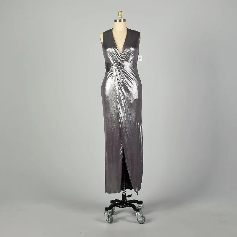 XL Y2K Halston Heritage Dress Metallic Silver Wet-Look Formal Prom Evening Gown