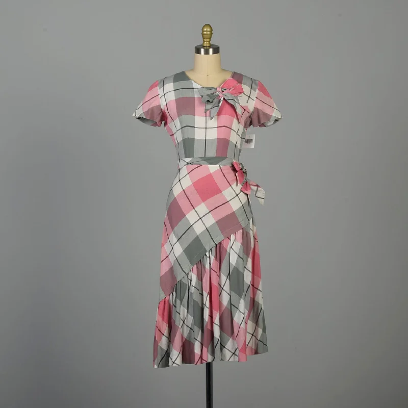 XS 1950s Dress Pink Plaid Cotton Sanforized Day Dress