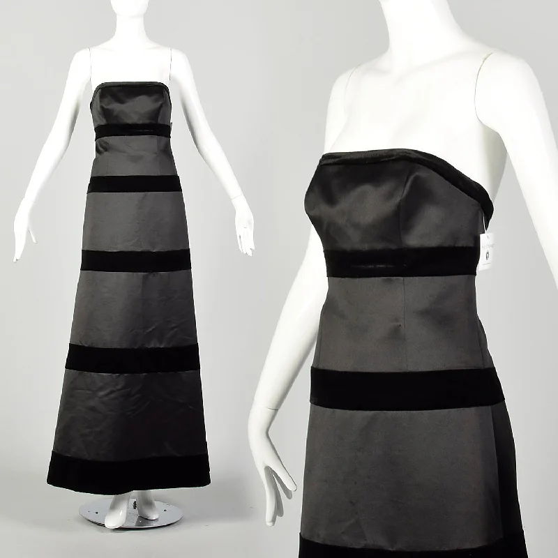 XS 1980s Dress Black Strapless Velvet Stripe Formal Evening Gown