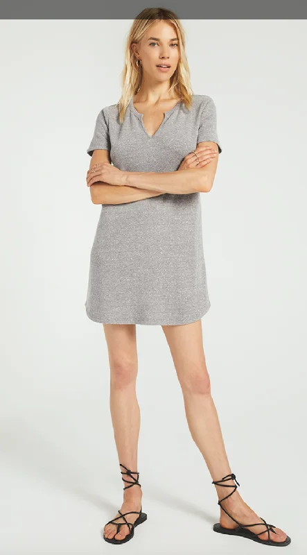 Z SUPPLY SPLIT NECK TRIBLEND DRESS IN HEATHER GREY