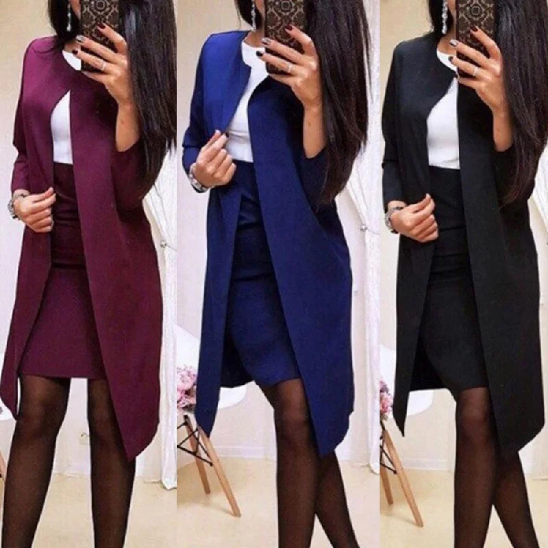 2Pcs Long Blazer Jacket Bodycon Mini Skirt Suit Office Lady Autumn Solid Color Blazer + Dress Stylish Elegant Skirt Suits Sets