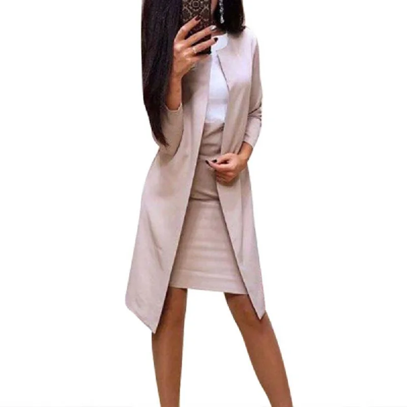 2Pcs Office Lady Autumn Solid Color Long Blazer Jacket Bodycon Mini Skirt Suit Business Suits For Women