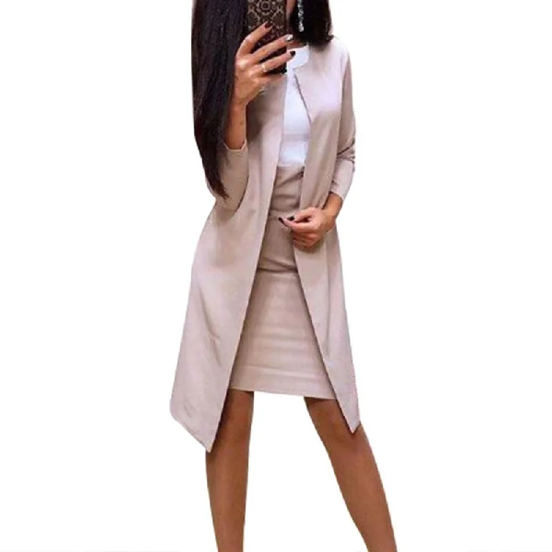 2Pcs Office Lady Autumn Solid Color Long Blazer Jacket Bodycon Mini Skirt Suit Perfect for office business formal perfect gifts