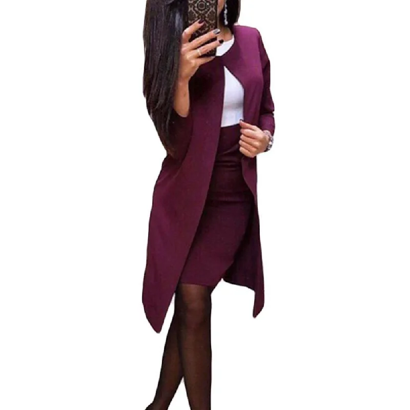 2Pcs Office Lady Autumn Solid Color Long Blazer Jacket Bodycon Mini Skirt Suit