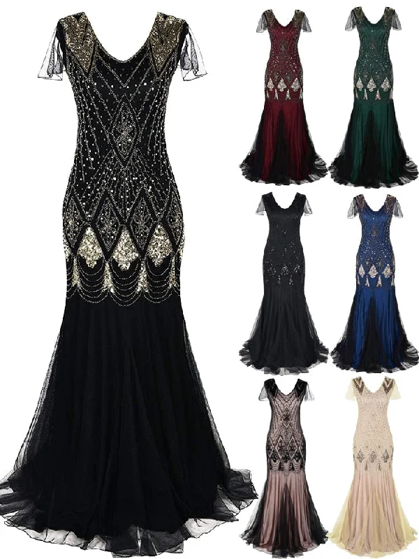 Formal Retro 1920s Sequin Evening Dress V-Neck Short Sleeve Mesh Bead Fishtail Skirt