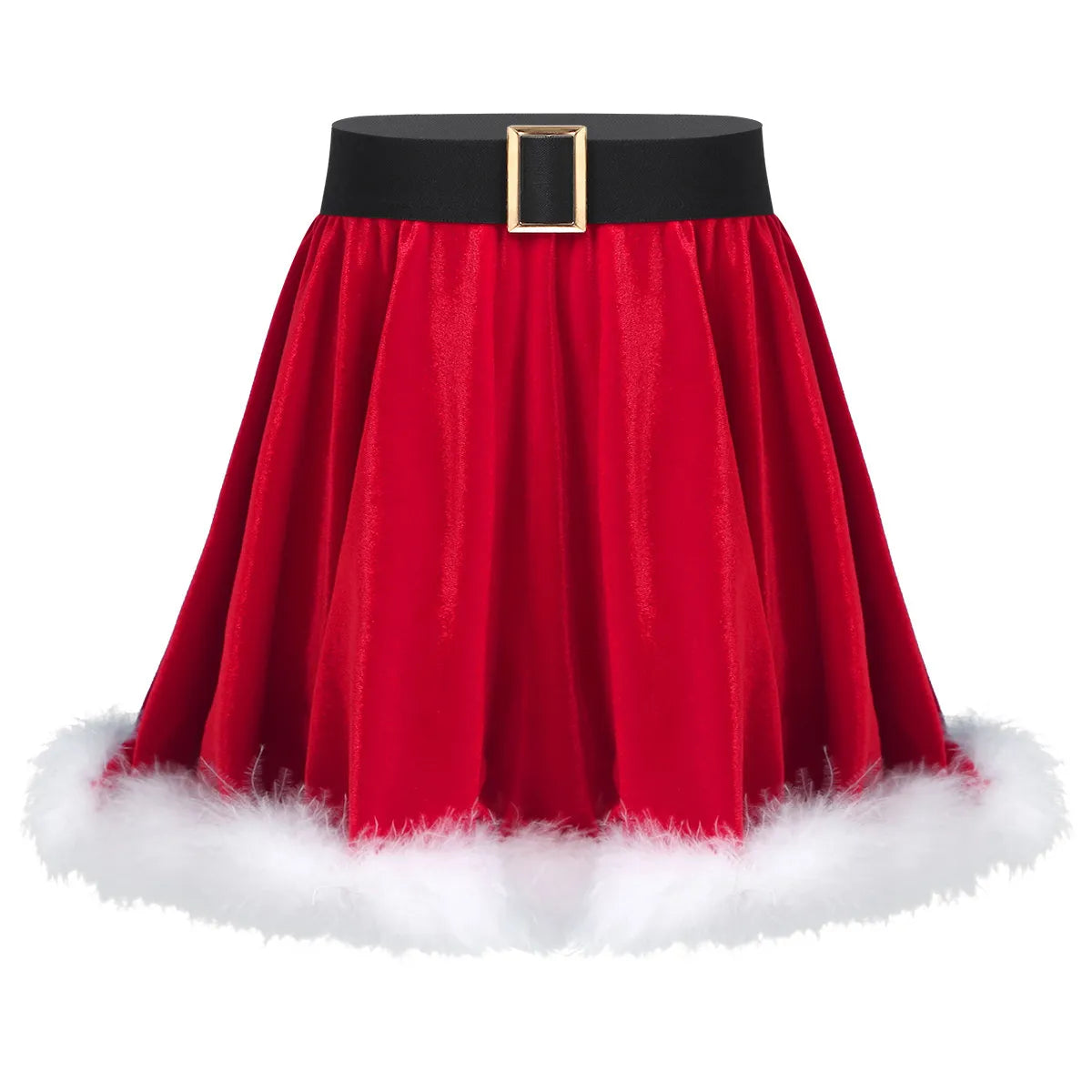 Kids Girls Christmas Santa Costume Mrs Claus Ruffled Mini Skirt High-Waist Belted Fur Trim Velvet Dance Party Mini Rulffe Dress