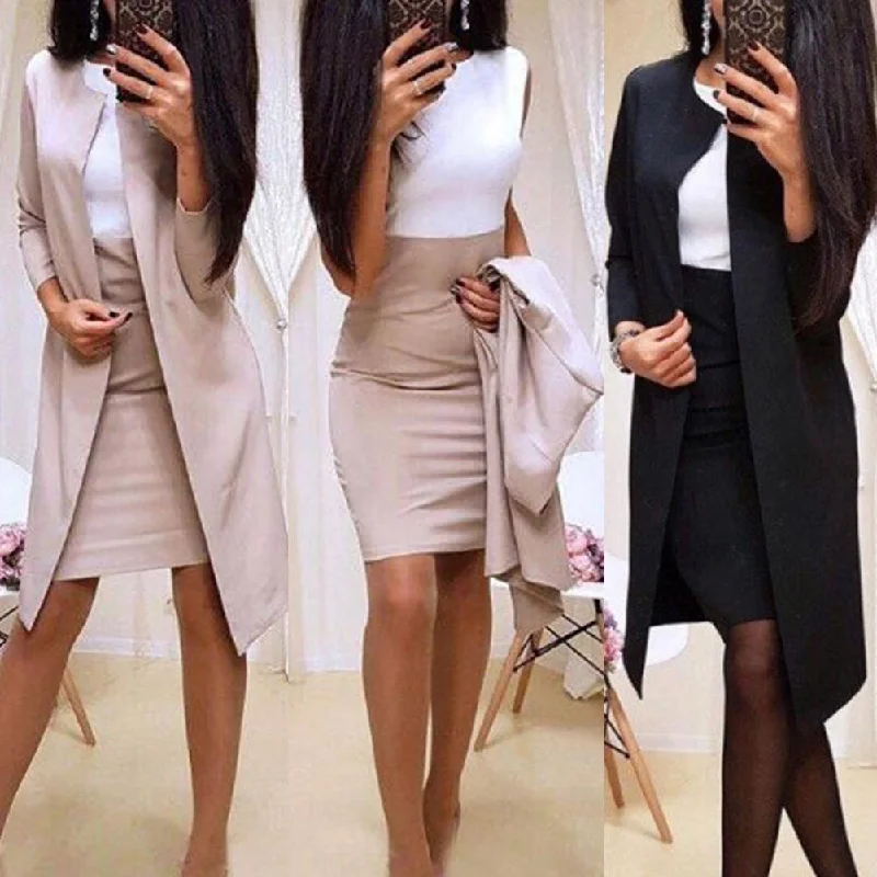 Sell 2pcs Suits With Skirt Office Lady Autumn Solid Color Long Blazer Jacket Bodycon Mini Skirt Suit  Mini Skirt Suit