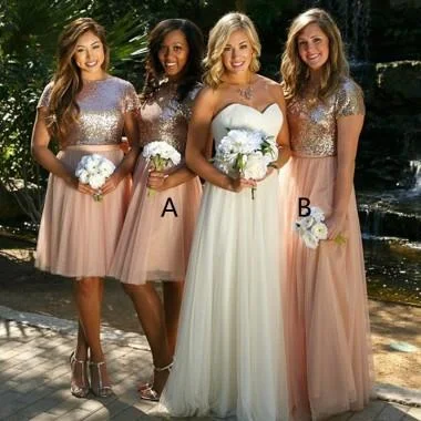 Short Sleeves Sequin Top Tulle Skirt Custom Cheap Bridesmaid Dresses Online, WG370