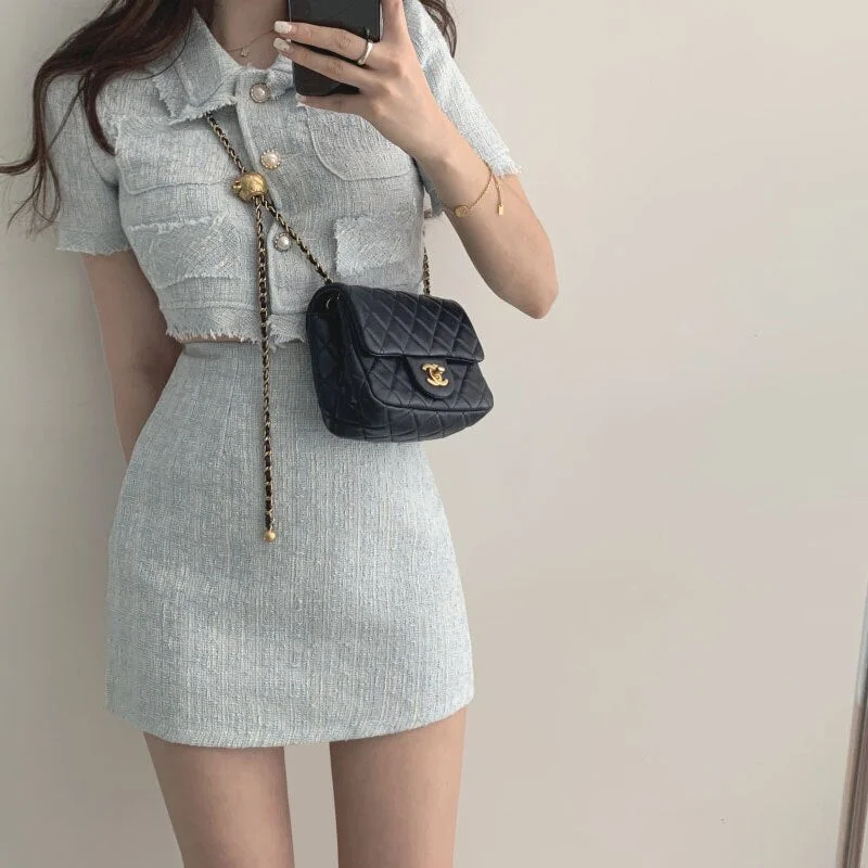 Women Summer Two 2 Piece Set Korean Style Elegant Single Breasted Tassle Short Sleeve Tops and High Waist Bodycon Mini Skirt