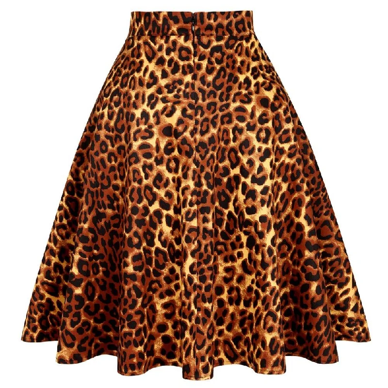 2021 Summer Women Short 50s 60s Skirts Retro Vintage Leopard Printed High Waist School Girls Swing Rockabilly Casual Sundress