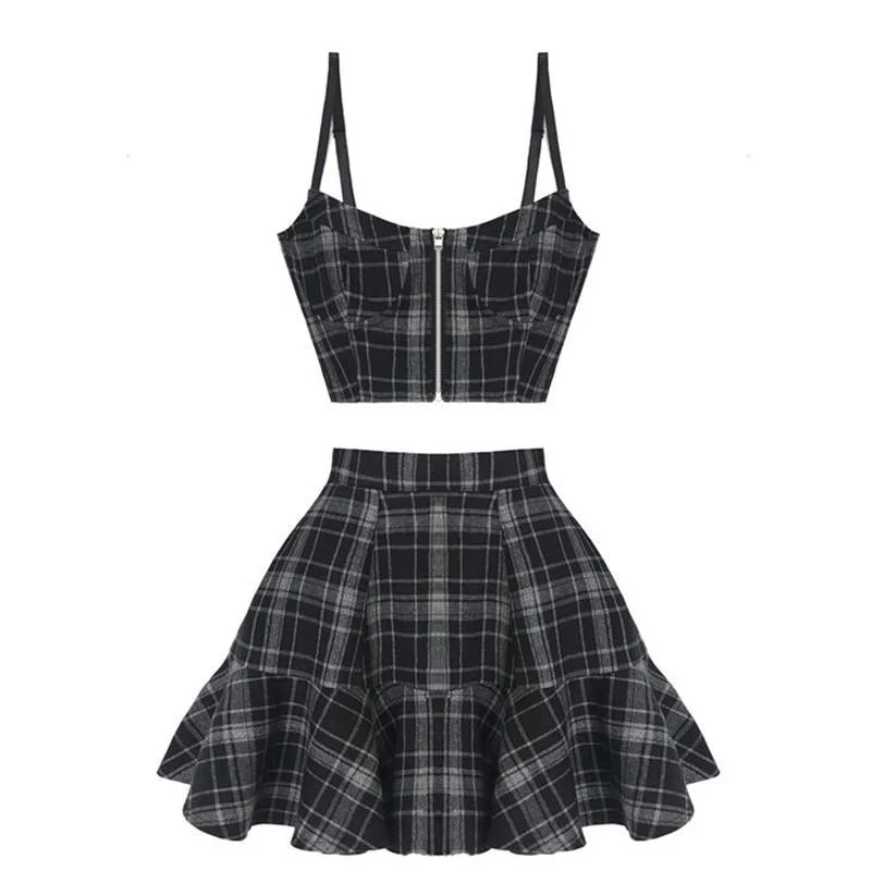 Black Gothic Two Pieces Set Women Plaid Summer 2 Piece Plaid Crop Top + High Waist Mini Skirt Punk Streetwear Skirts Sundress