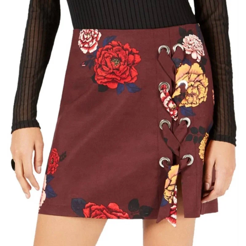 Project 28 NYC Ladies Wine Red Floral Print Mini Skirt w/ Lace Up Accent