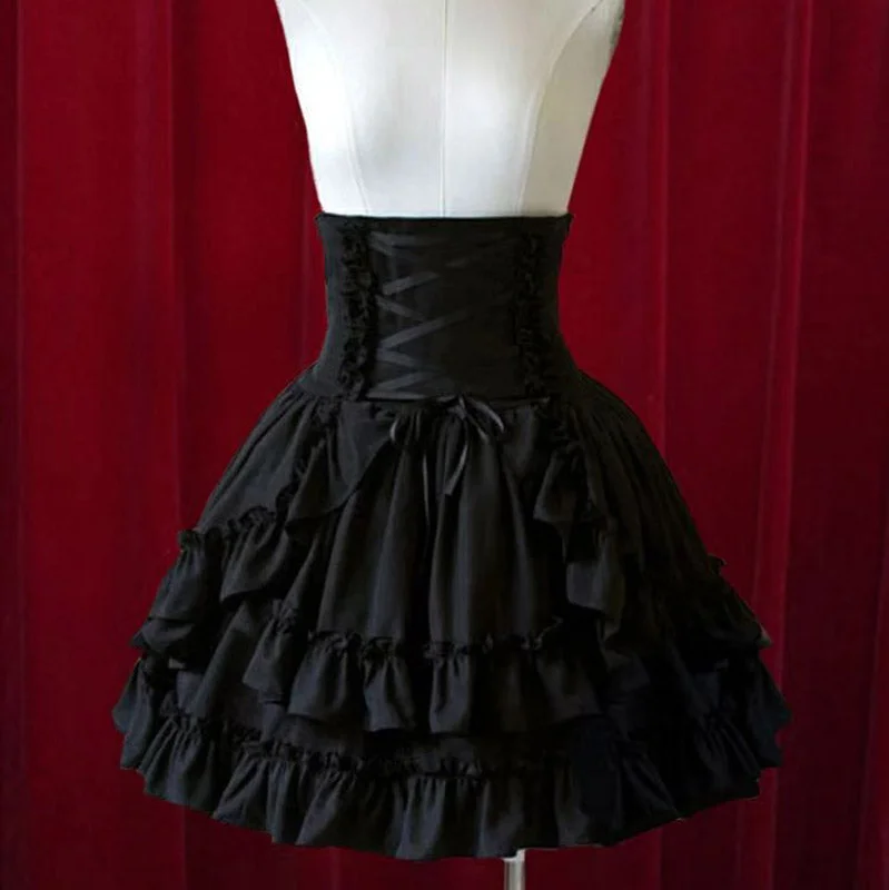 Pure Black Layered Ruffles High Waist Gothic Lolita Short Skirt