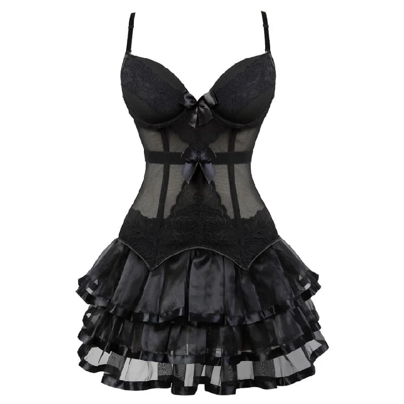 Victorian Burlesque Straps Corset Dress Women Gothic Sexy Cup Lace Corset Bustier Lingerie Top With Striped Mini Skirt Set