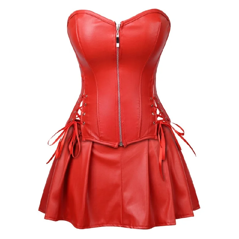 Women Gothic Faux Leather Corset Dress Burlesque Sexy Zipper Lace Up Corset Bustier Top With PU Leather Mini Skirt Set Plus Size