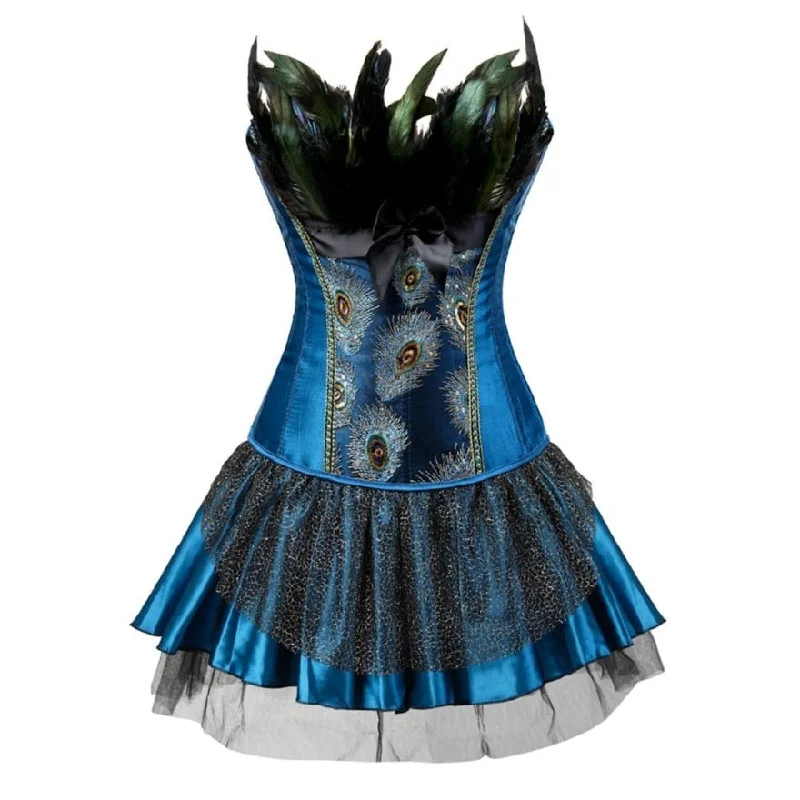 Women Sexy Peacock Feathers Embroidery Overbust Corset Bustier Lingerie Top With Mesh Mini Skirt Set Burlesque Corset Dress