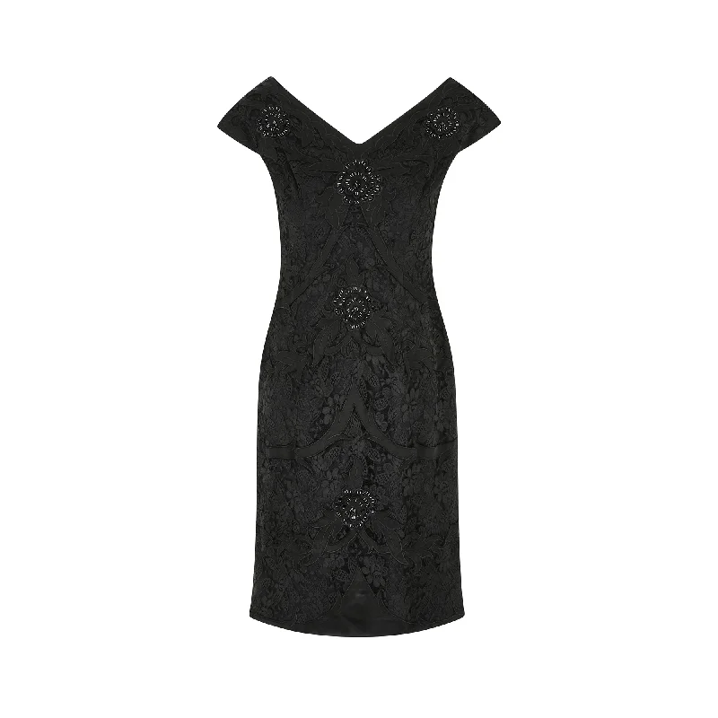 1950s Bramel Model Lace and Beaded Black Sheath Dress