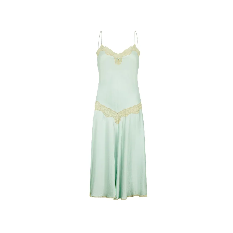 1980s Jenny Dobell Seafoam Green and Lace Slip Dress