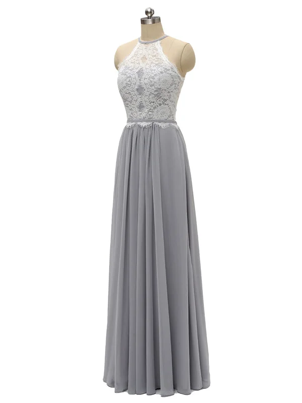 Top Lace Halter Chiffon Floor Length Bridesmaid Dresses