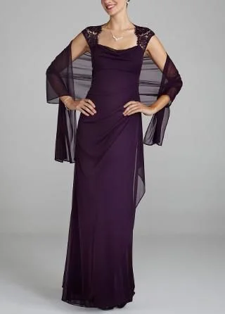 David's Bridal Cap Sleeve Long Jersey Dress with Lace Detail Purp