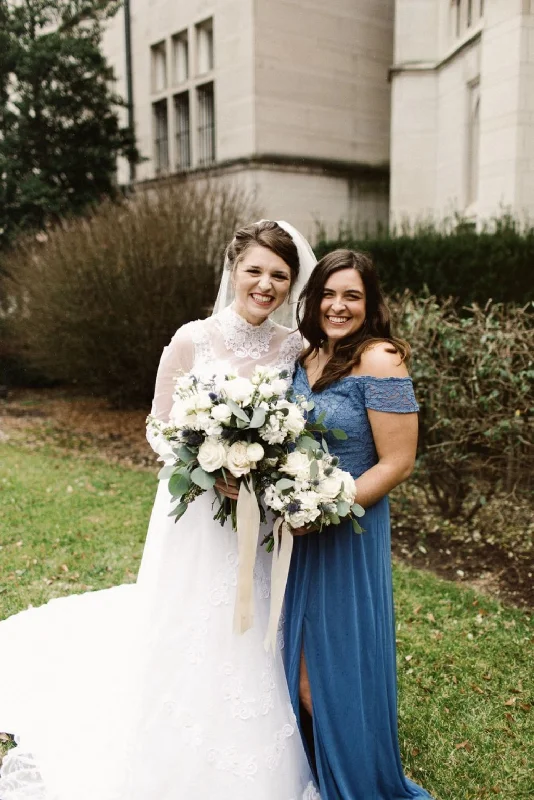 David's Bridal off-the-shoulder lace and mesh bridesmaid dress