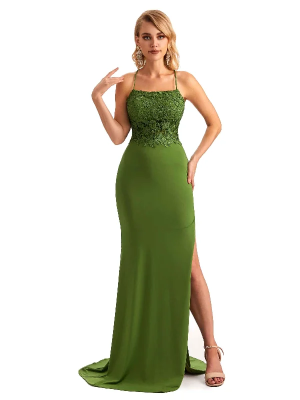 Sexy Side Slit Mermaid Lace Stretchy Jersey Long Formal Bridesmaid Dresses