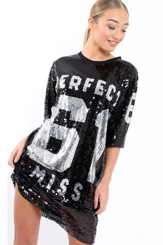 Black Sequin Miss Perfect 61 Tshirt Dress - Ysabelle Off-shoulder Sequin Dress