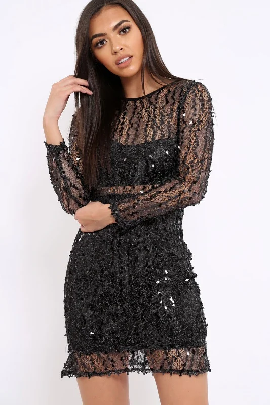 Black Sheer Sequin Dress - Aaima Glitter Sequin Dress