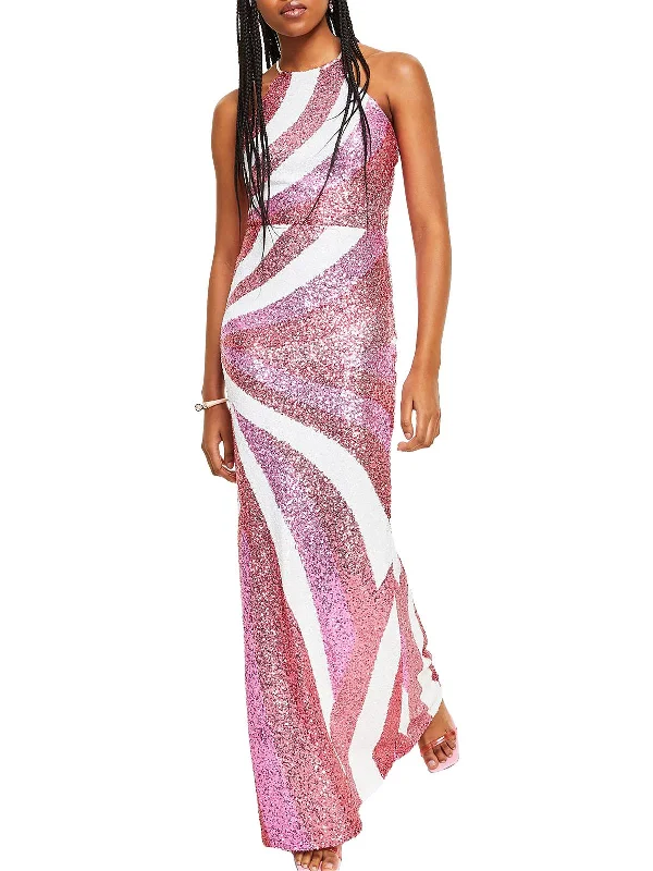 Juniors Womens Sequined Halter Evening Dress Sequin Evening Dress