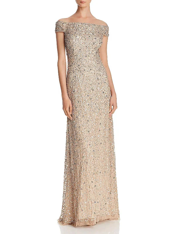 Womens Sequined Off-The-Shoulder Formal Dress Sequin Gown Party