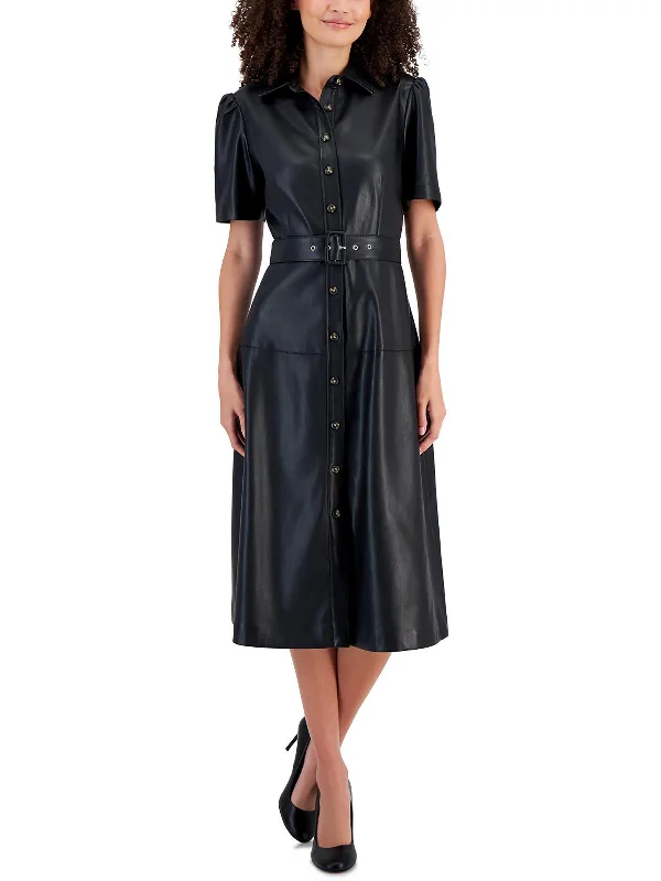 Womens Faux Leather Mid Calf Shirtdress