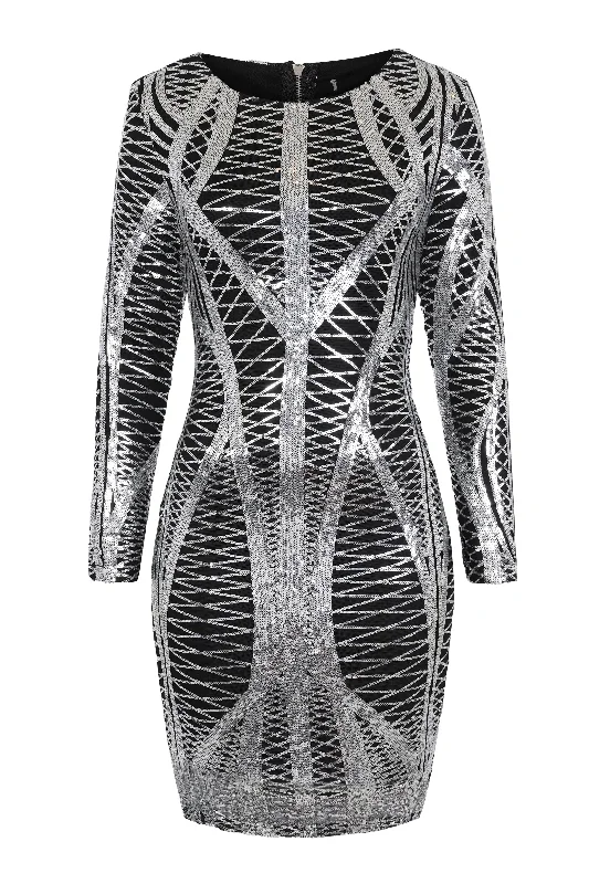 Hilton Luxe Black Silver Cage Sequin Bandage Bodycon Illusion Dress