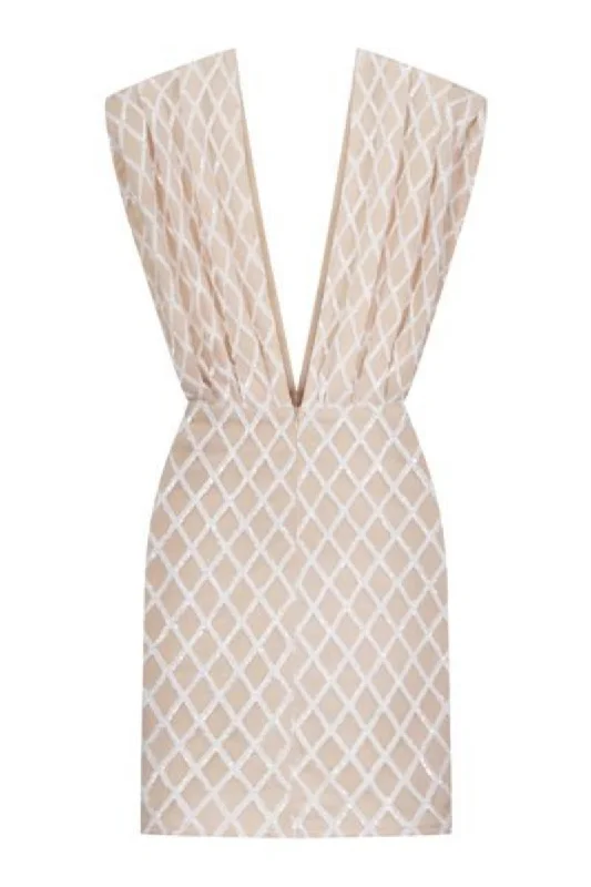 Diaz Nude V Plunge Geometric Sequin Bodycon Dress