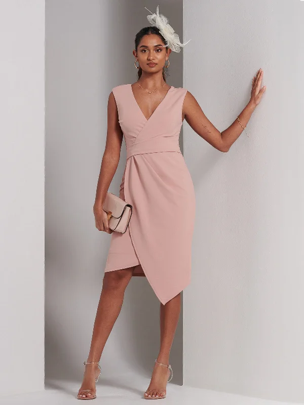 Kiana Wrap Ruched Bodycon Dress, Dusty Pink