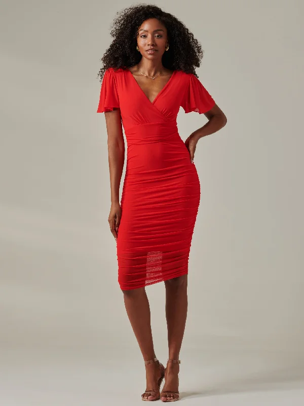 Plain Angel Sleeve Ruched Bodycon Dress, Red