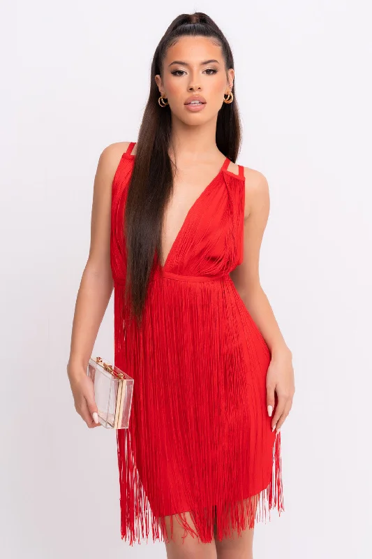 Sienna VIP Luxe Red Tassel Fringe Bandage Bodycon Dress