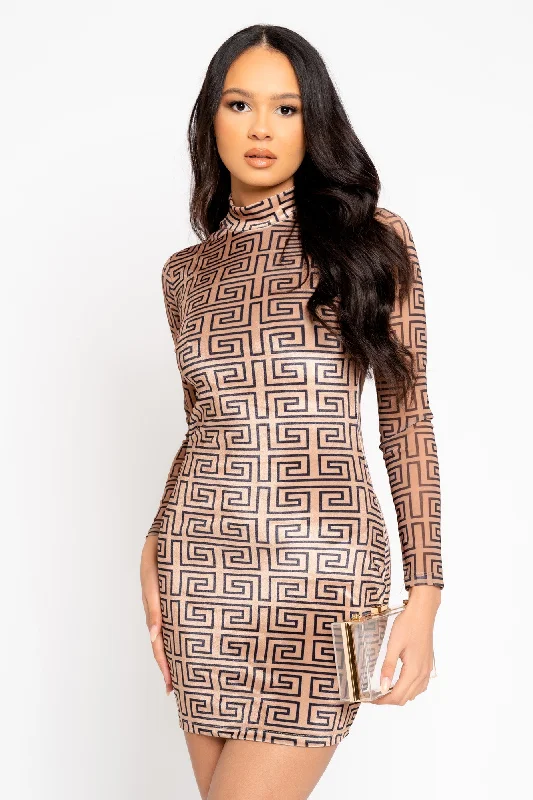 Special Touch Mocha Crush Velvet Mock Neck Long Sleeve Backless Bodycon Dress