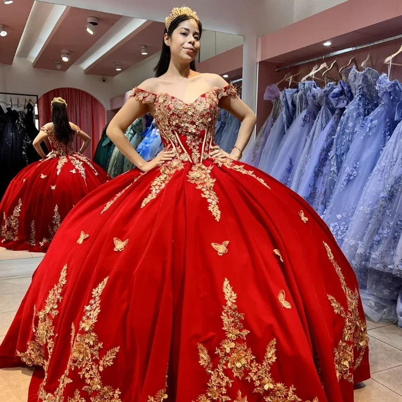 Red Ball Gown Quinceanera Dresses Sweet 16 Dress Tulle Gold 3D Flowers